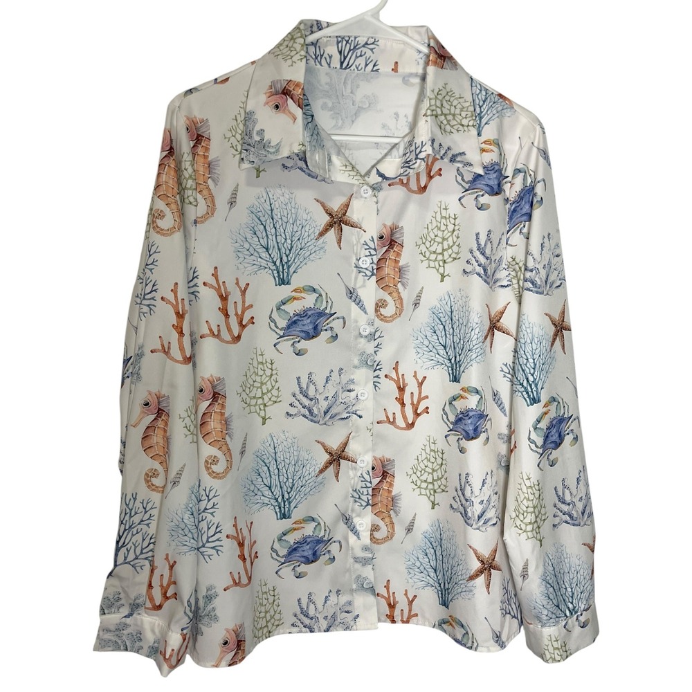 White XL Sea Life Button Up Blouse Seahorse Crab Starfish Coastalcore Beachy